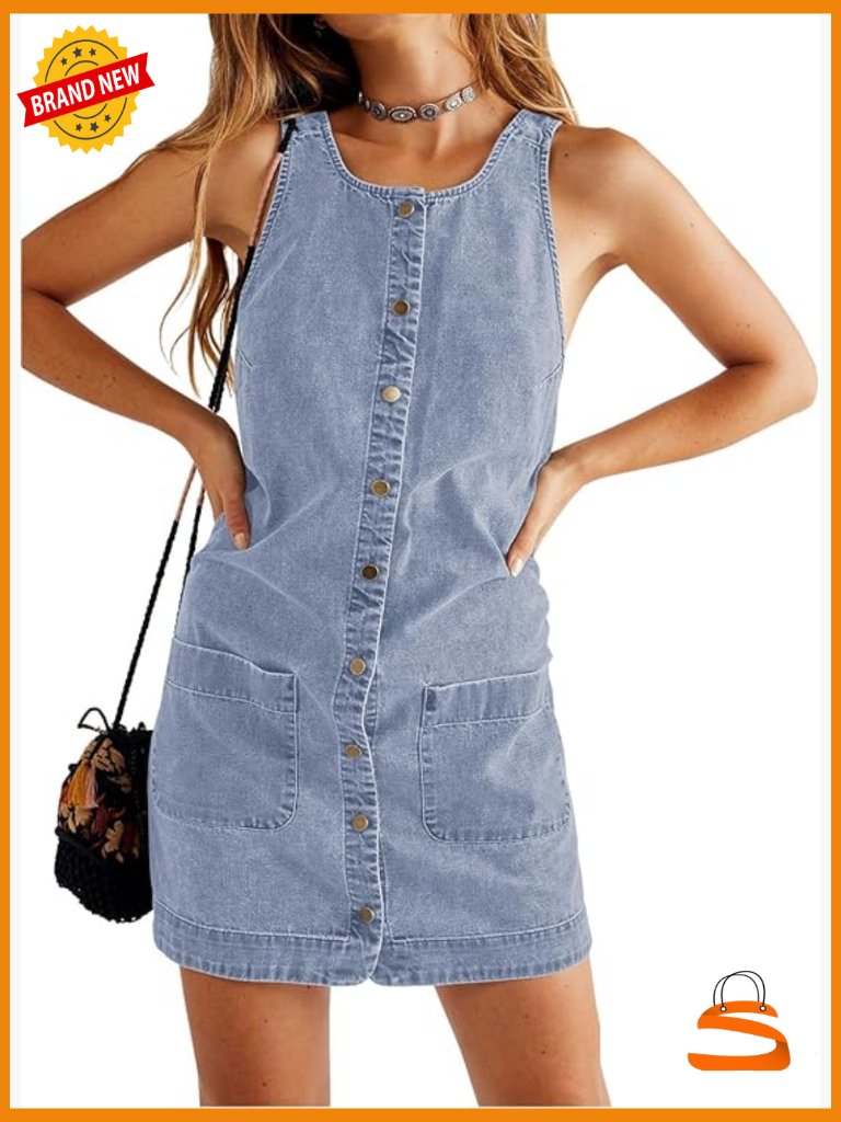 Sleeveless Denim Overall Dress Button Down Mini Romper With Pockets